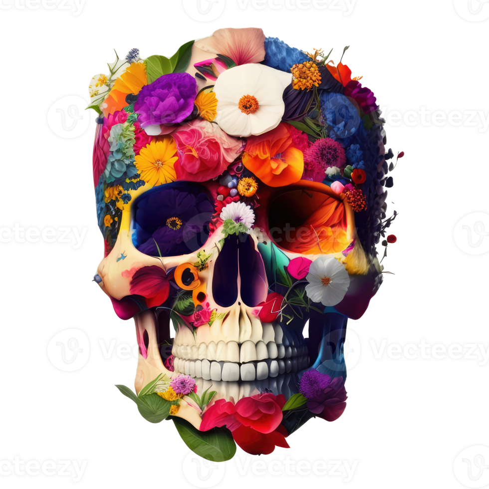 skull made of colorful vibrant flowers. png