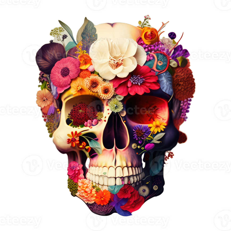 skull made of colorful vibrant flowers. png