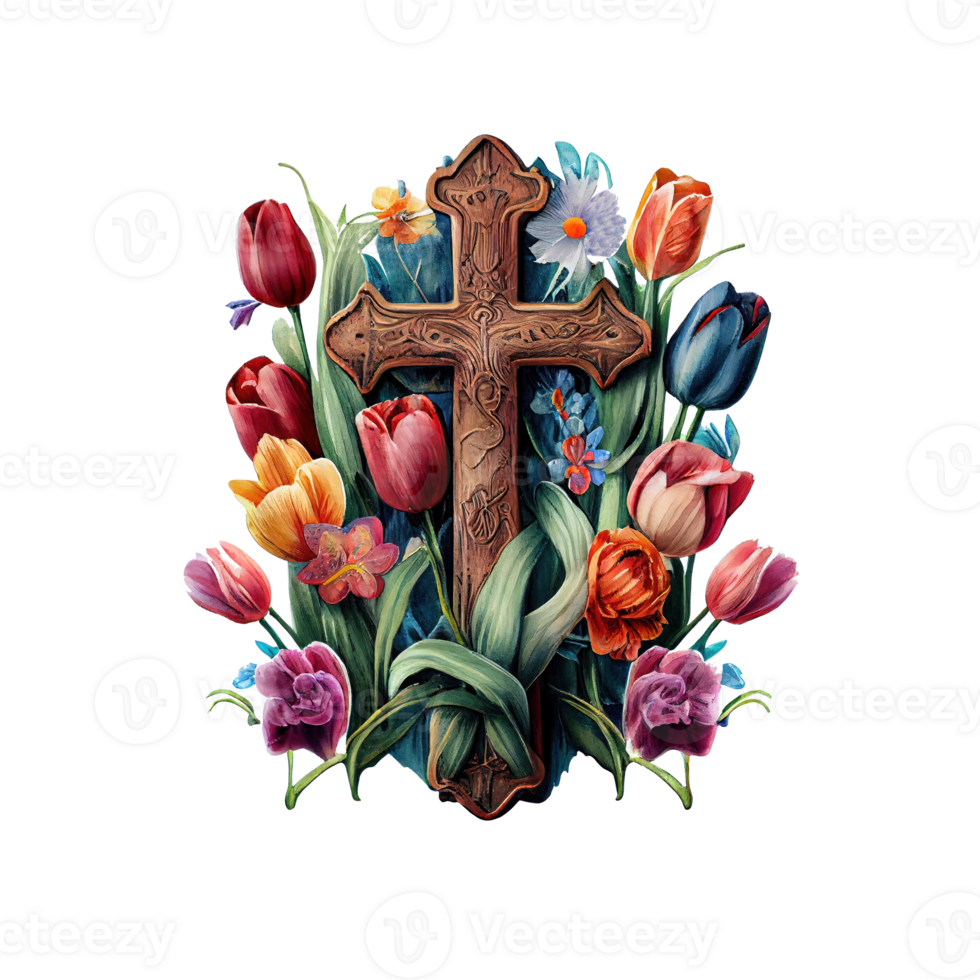 Jezus kruisbeeld waterverf bloemen . ai gegenereerd png
