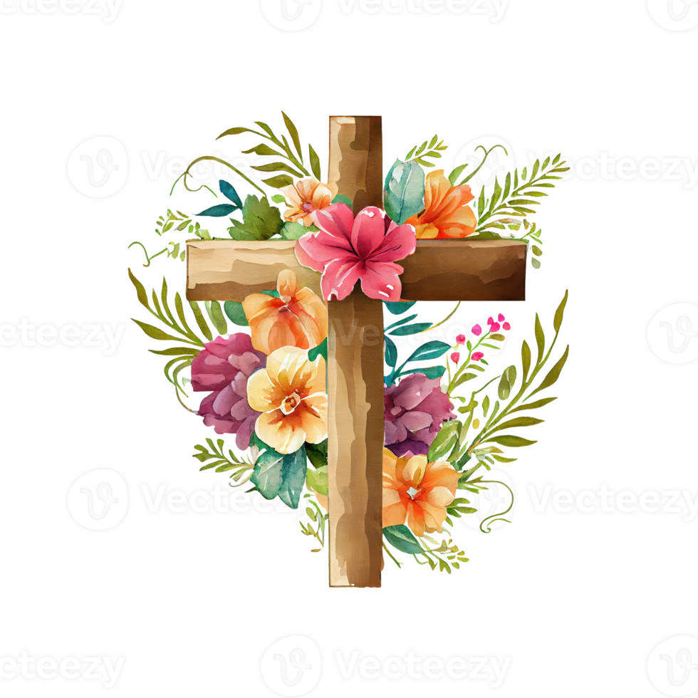 Jésus crucifix aquarelle fleurs . ai généré png