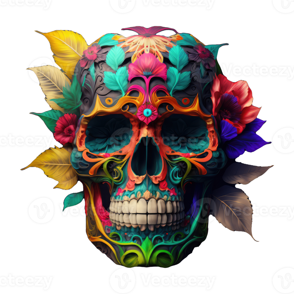 skull made of colorful vibrant flowers. png