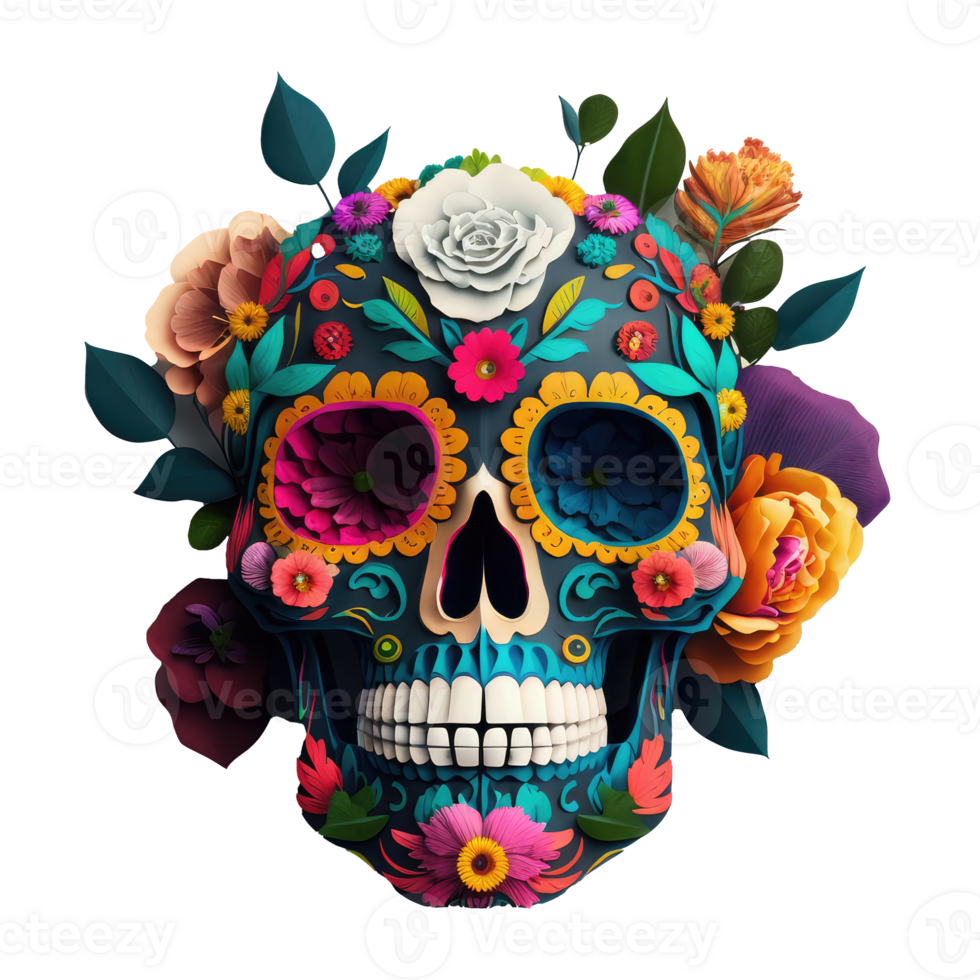 skull made of colorful vibrant flowers. png