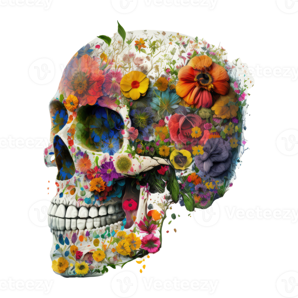 skull made of colorful vibrant flowers . png