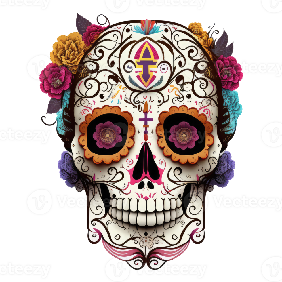 skull made of colorful vibrant flowers . png