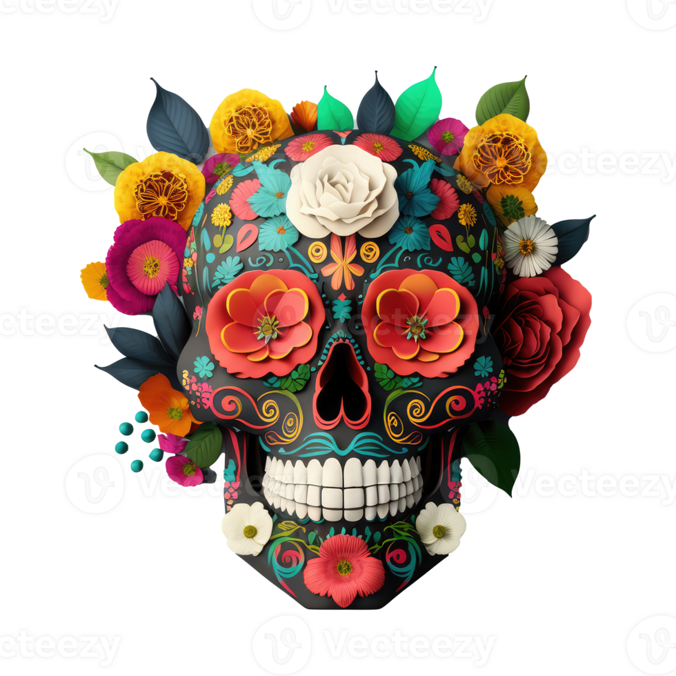 skull made of colorful vibrant flowers. png