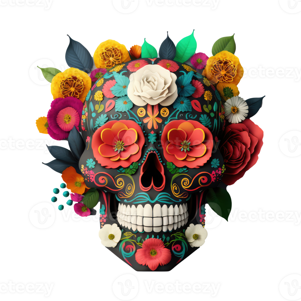 skull made of colorful vibrant flowers. png