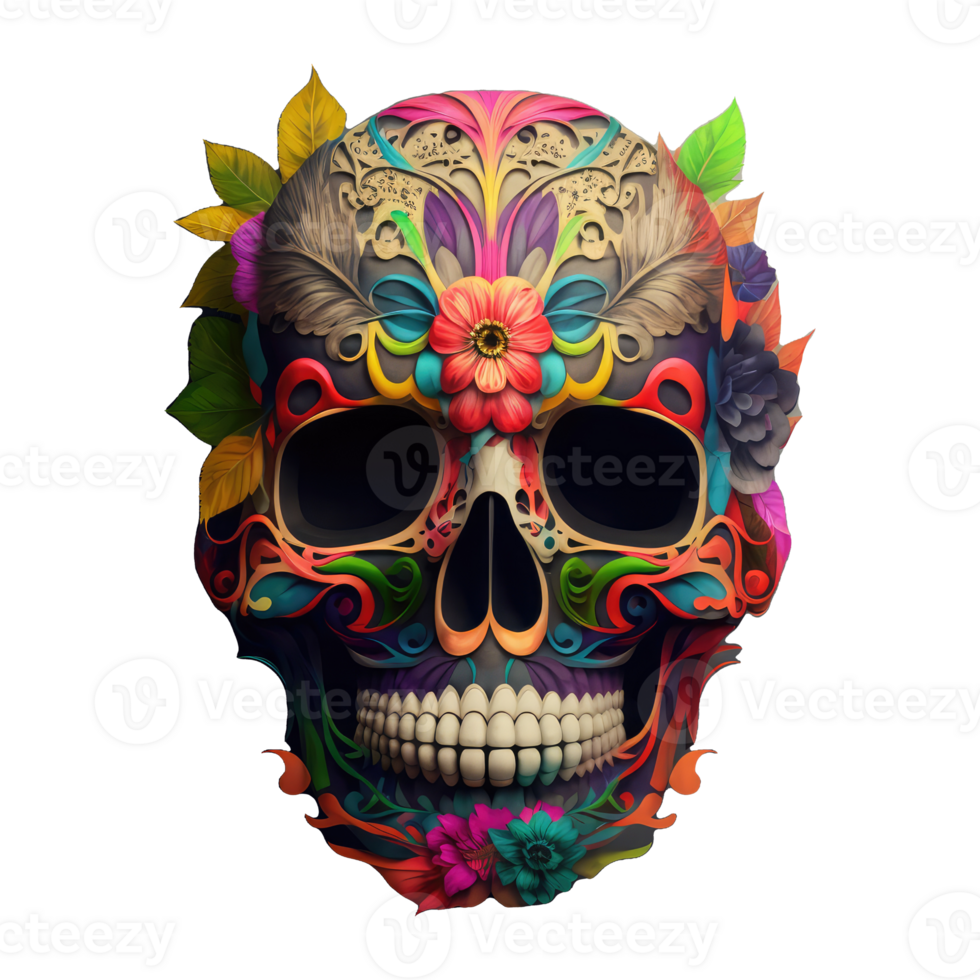 skull made of colorful vibrant flowers. png