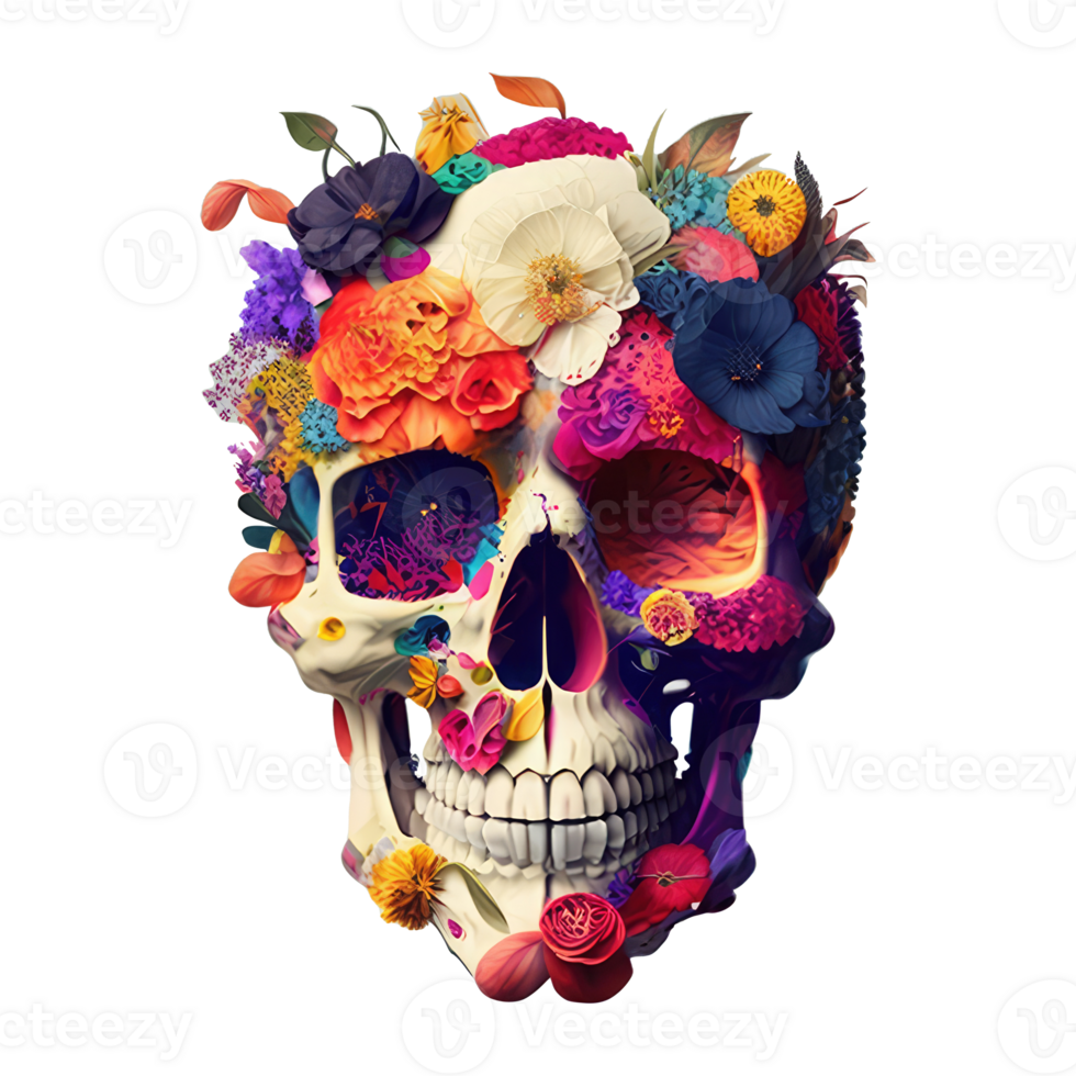 skull made of colorful vibrant flowers. png