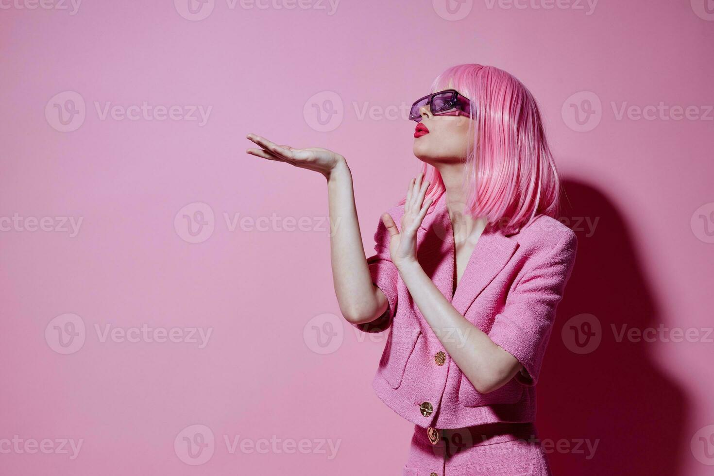 Beauty Fashion woman bright makeup pink hair glamor stylish glasses unaltered photo