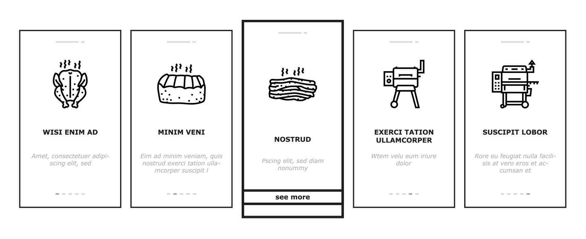 smoked meat food sausage ham onboarding icons set vector