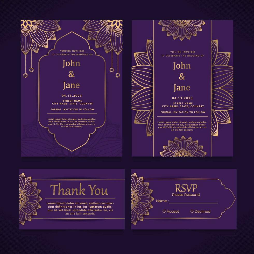 púrpura y oro mandala indio Boda invitación diseño vector