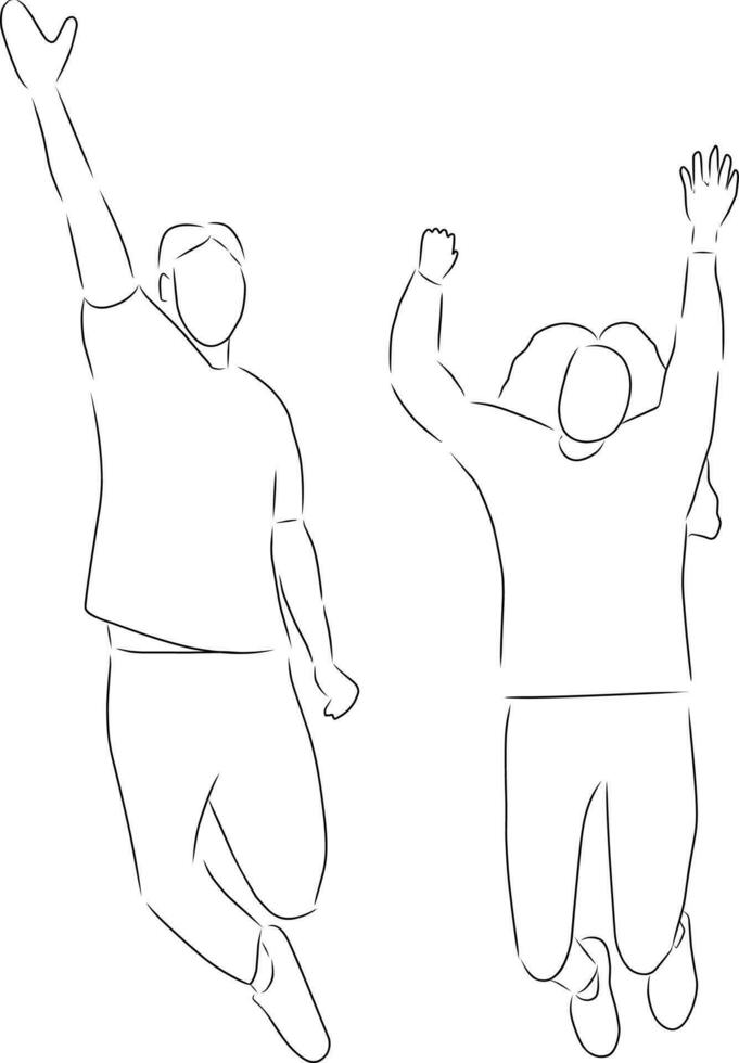 Happy man and woman jumping, vector. Hand drawn sketch. vector