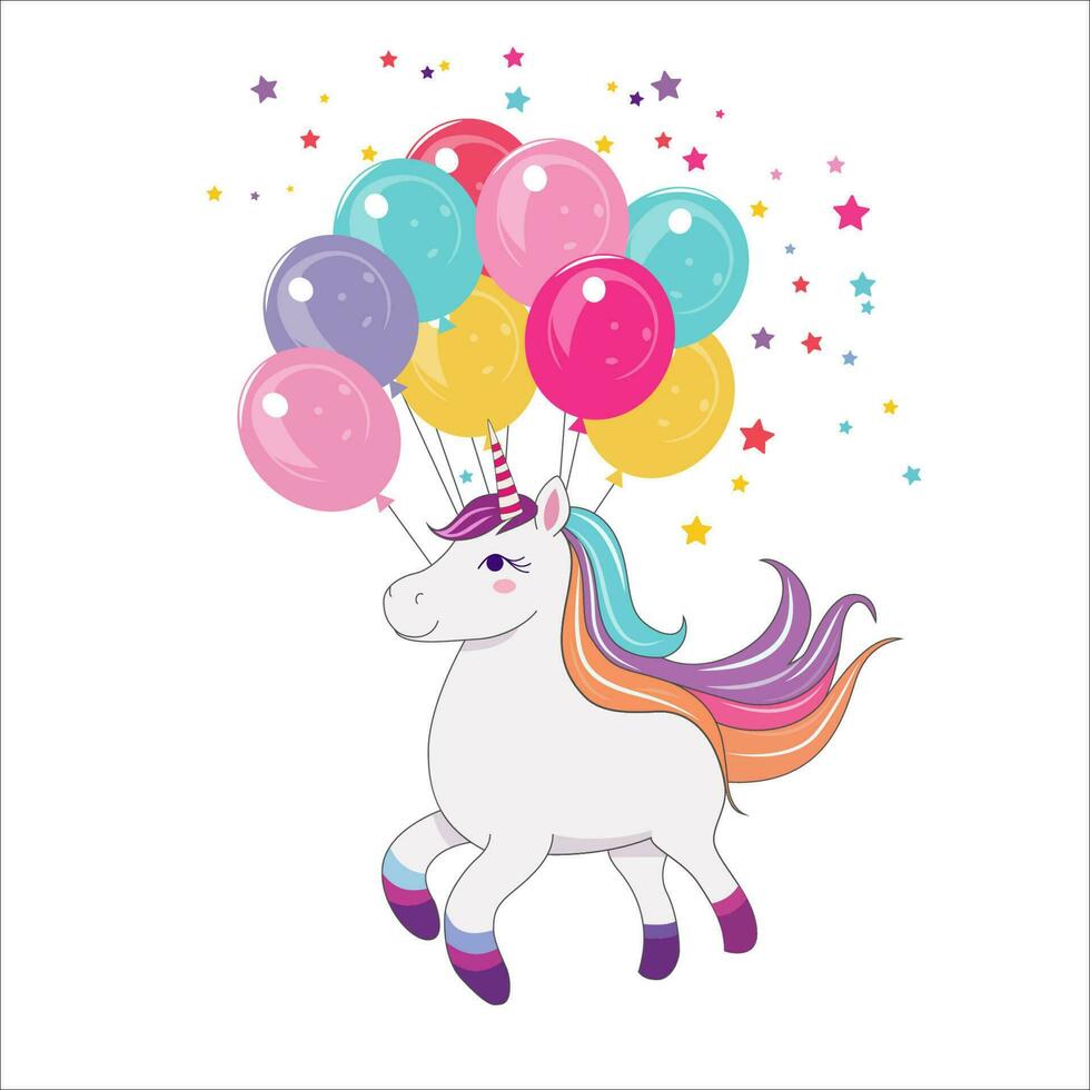 Colorful Happy Birthday Unicorn. Vector Illustration