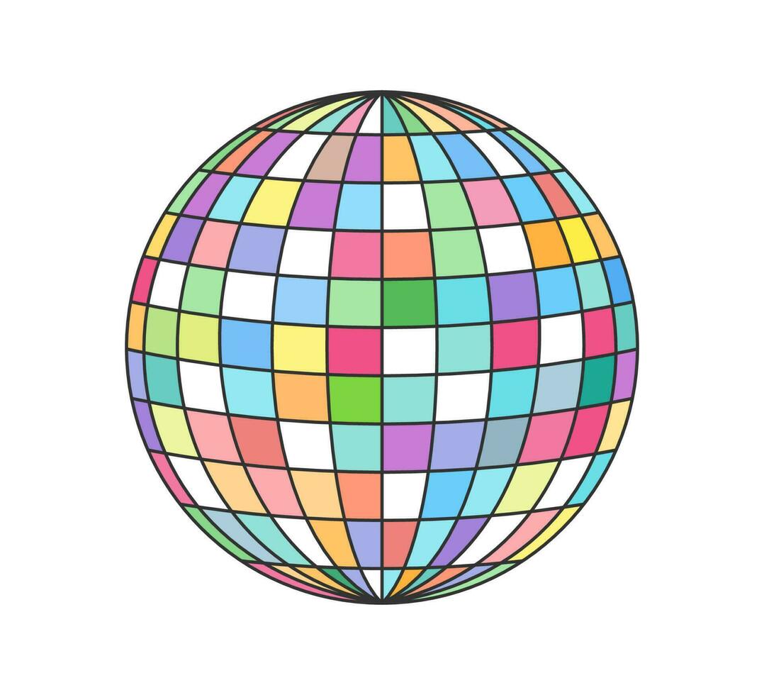 Retro groovy disco ball. Vintage hippie cartoon colorful mirrored discotheque sphere sticker. Hippy style trendy y2k funky vector isolated eps illustration