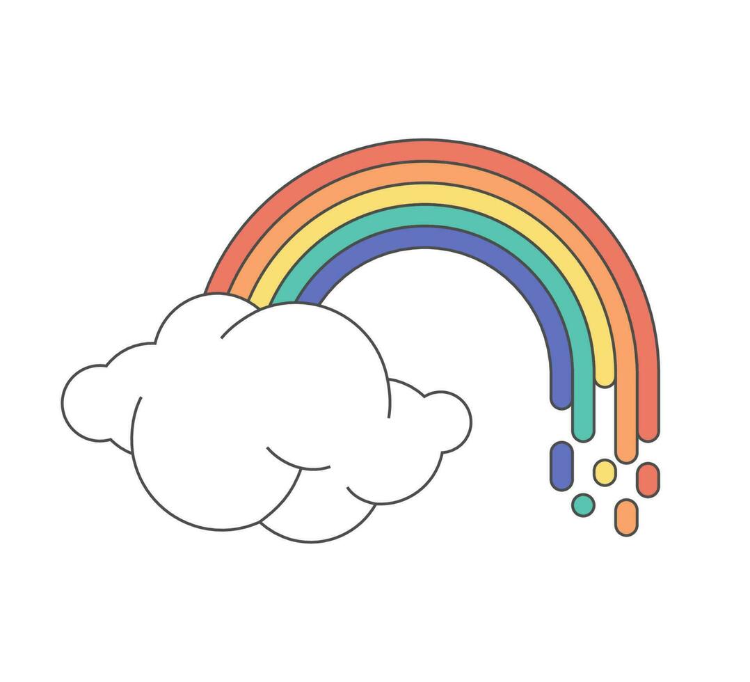 Retro groovy colorful rainbow with cloud. Vintage hippie cartoon iridescent arch in sky sticker. Hippy style trendy y2k funky vector isolated eps illustration