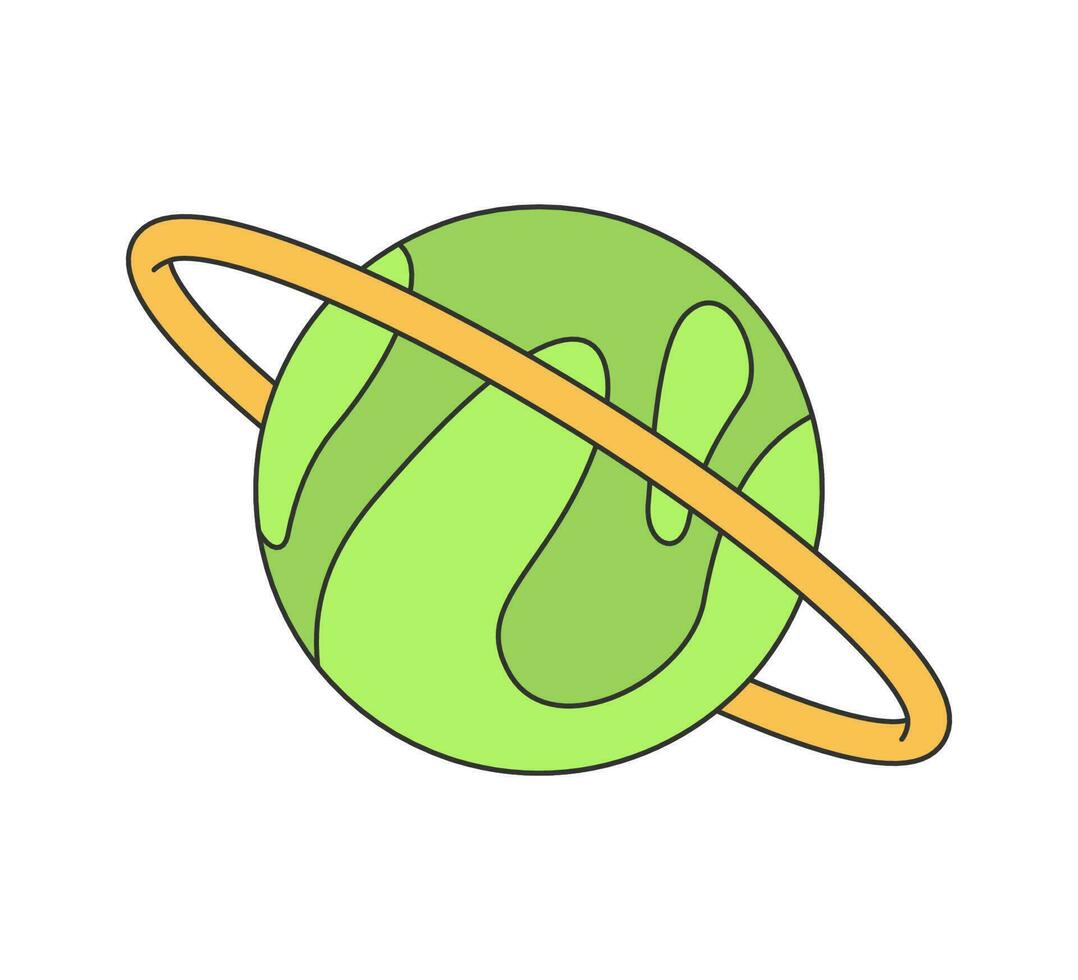 retro maravilloso verde planeta con anillo. Clásico hippie miedoso dibujos animados Saturno símbolo. hippy estilo de moda y2k psicodélico vector aislado eps ilustración