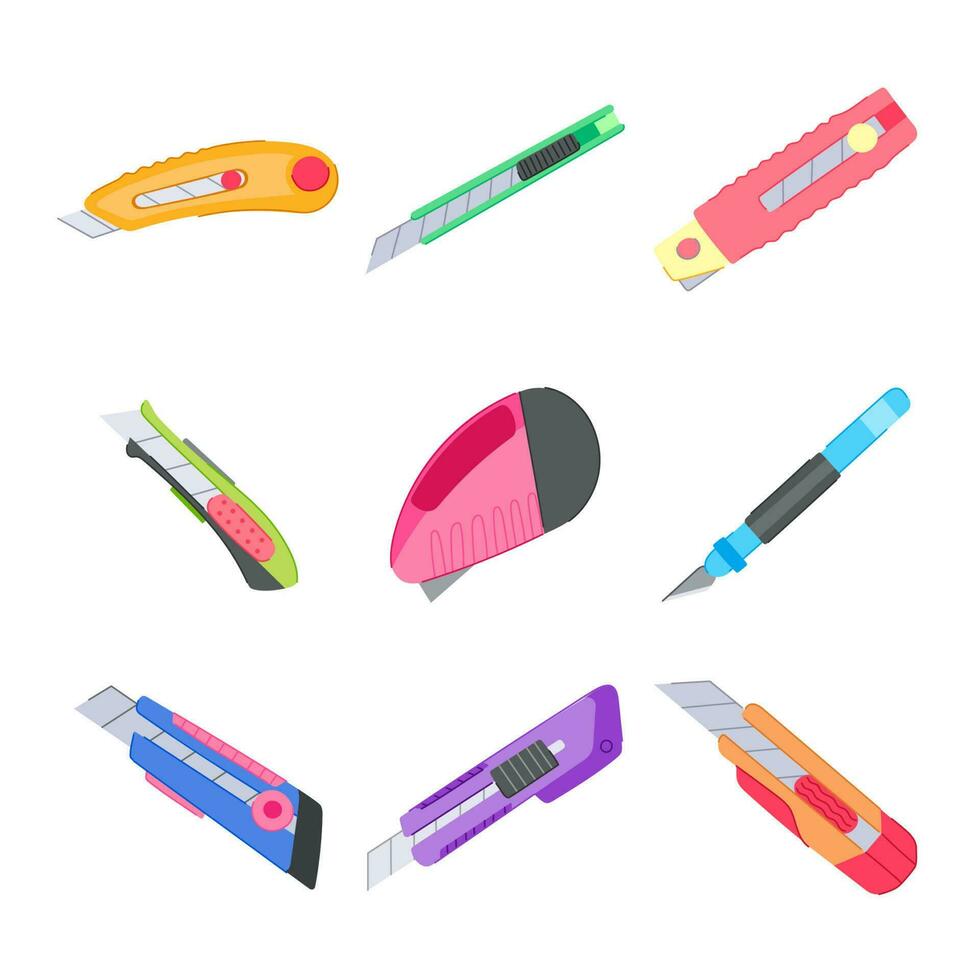 cutter knife set cartoon vector illustration