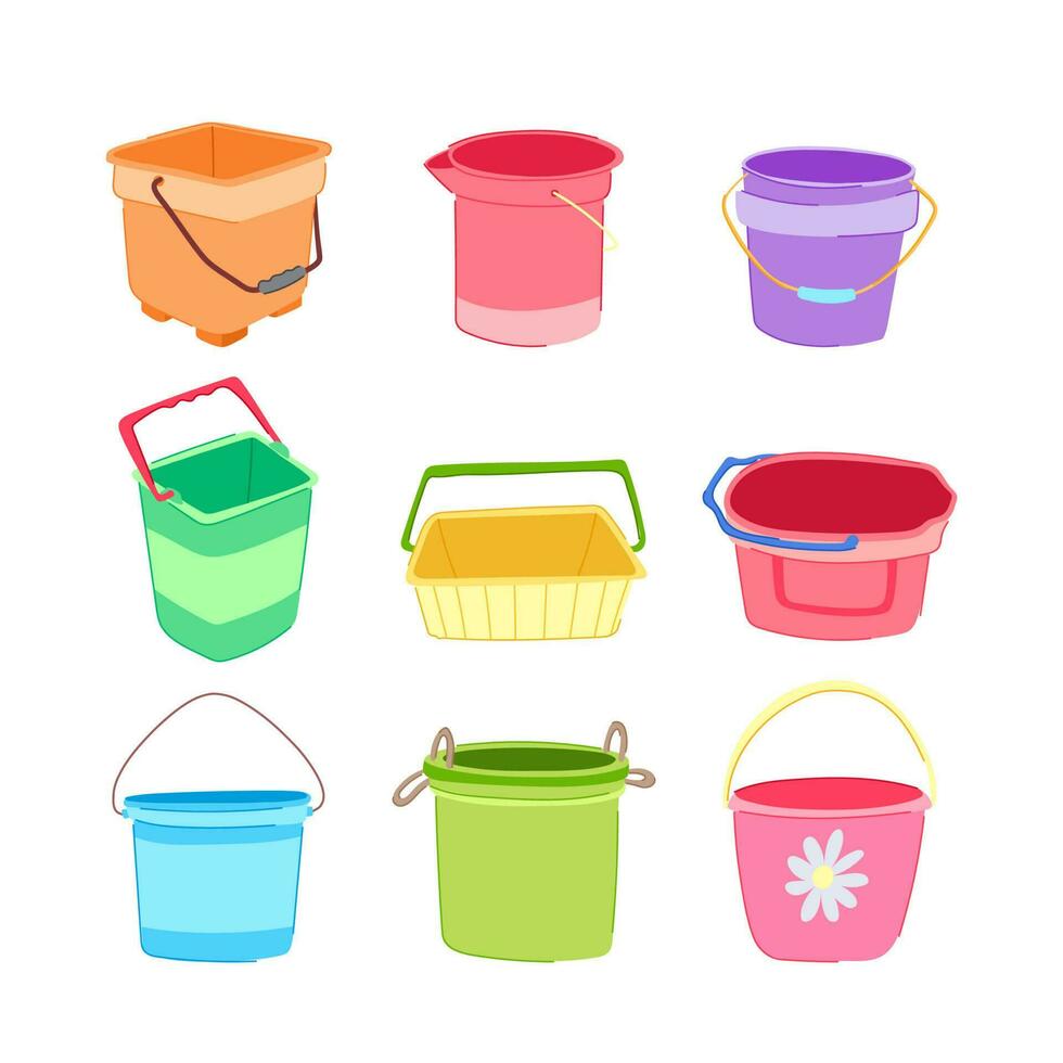 plastic bucket set cartoon vector illustration