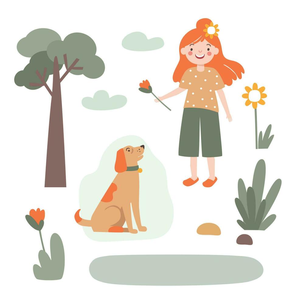 conjunto de ilustraciones niña , perro , naturaleza . vector ilustración en un plano estilo.