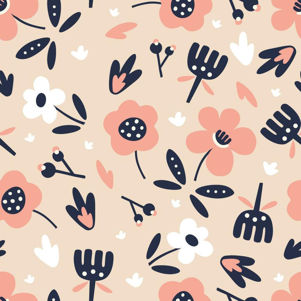 Seamless pattern with pink and blue flowers in a flat style on a light background. vector