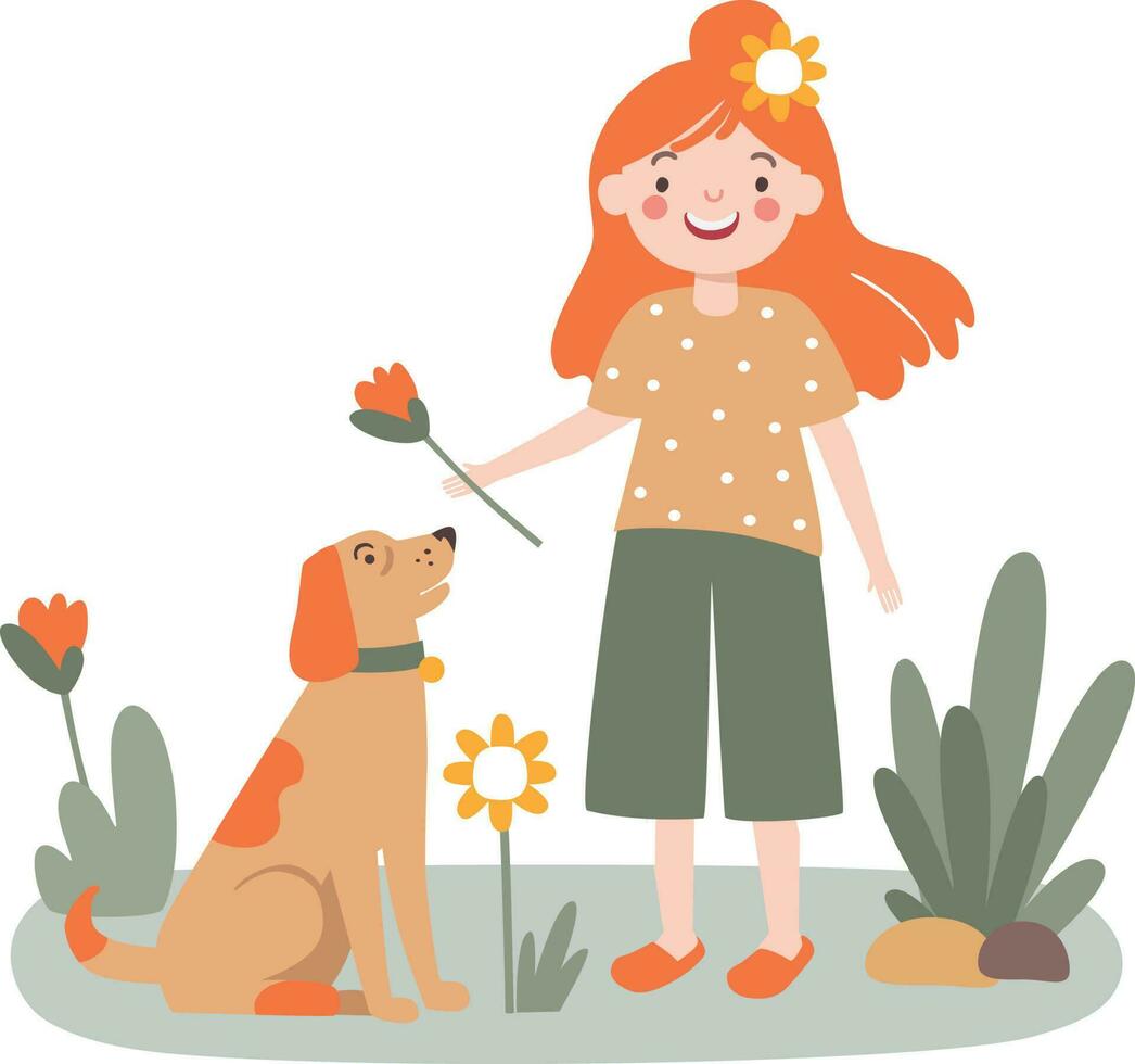 Child girl walking with a dog in the park. Active recreation concept.  flat style. vector