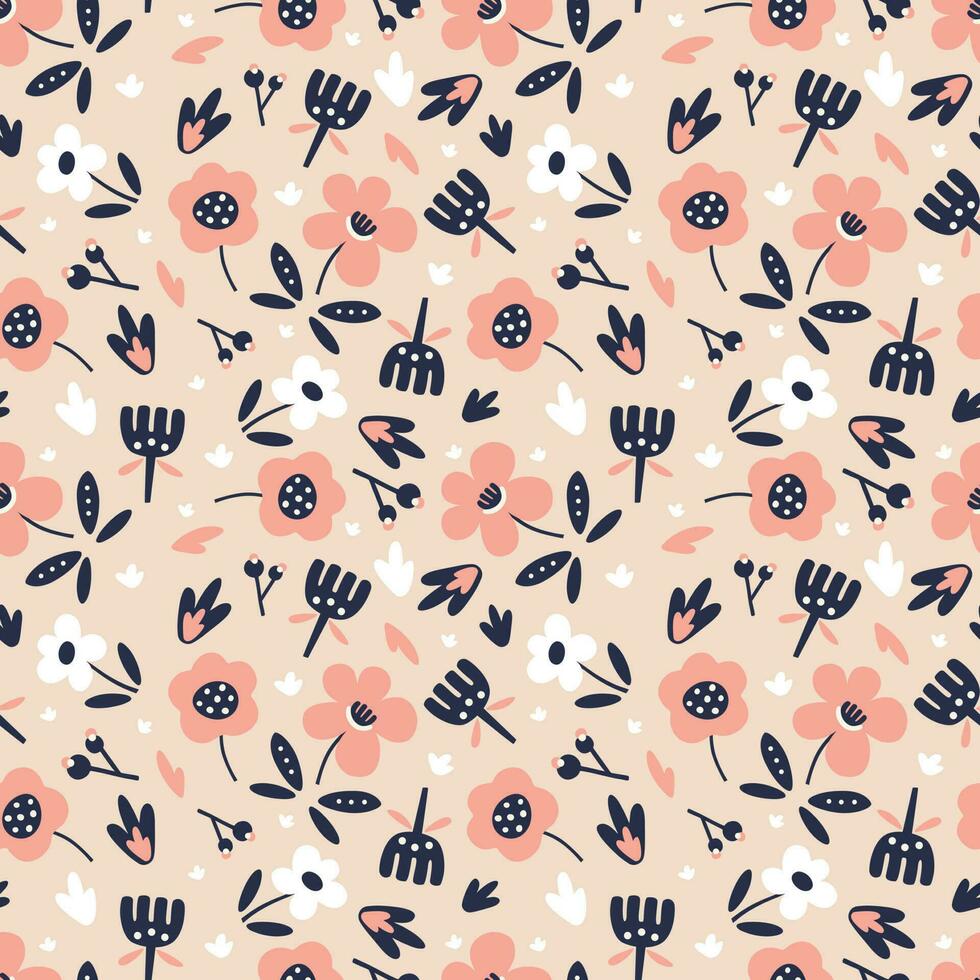 Seamless pattern with pink and blue flowers in a flat style on a light background. vector