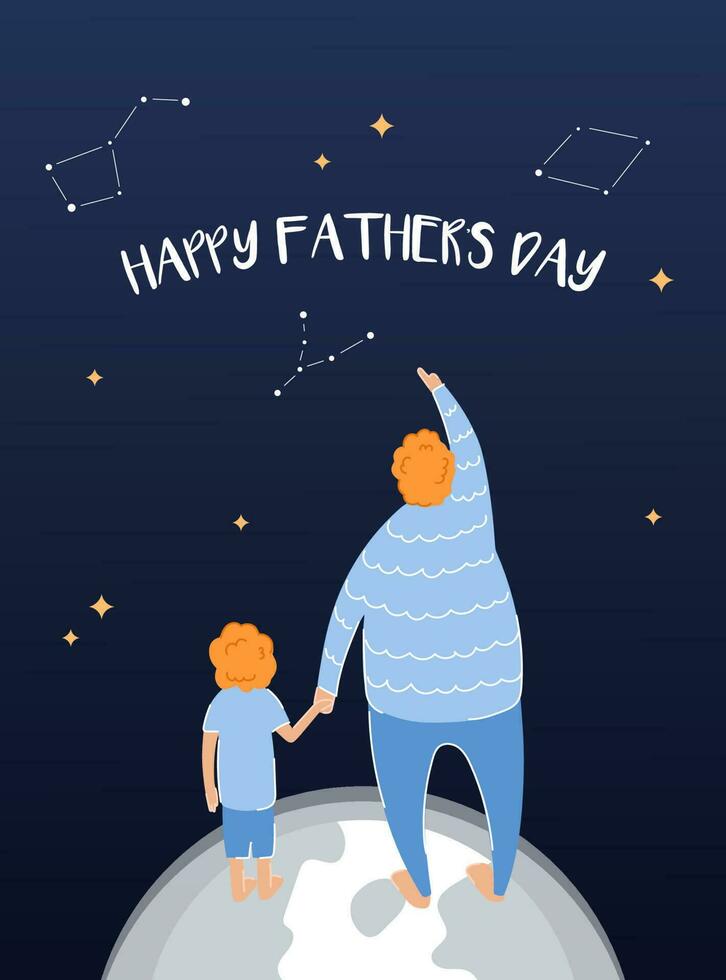 Father's day poster with a dad holding his child hand and pointing to the star sky. A father and a son in the space. vector