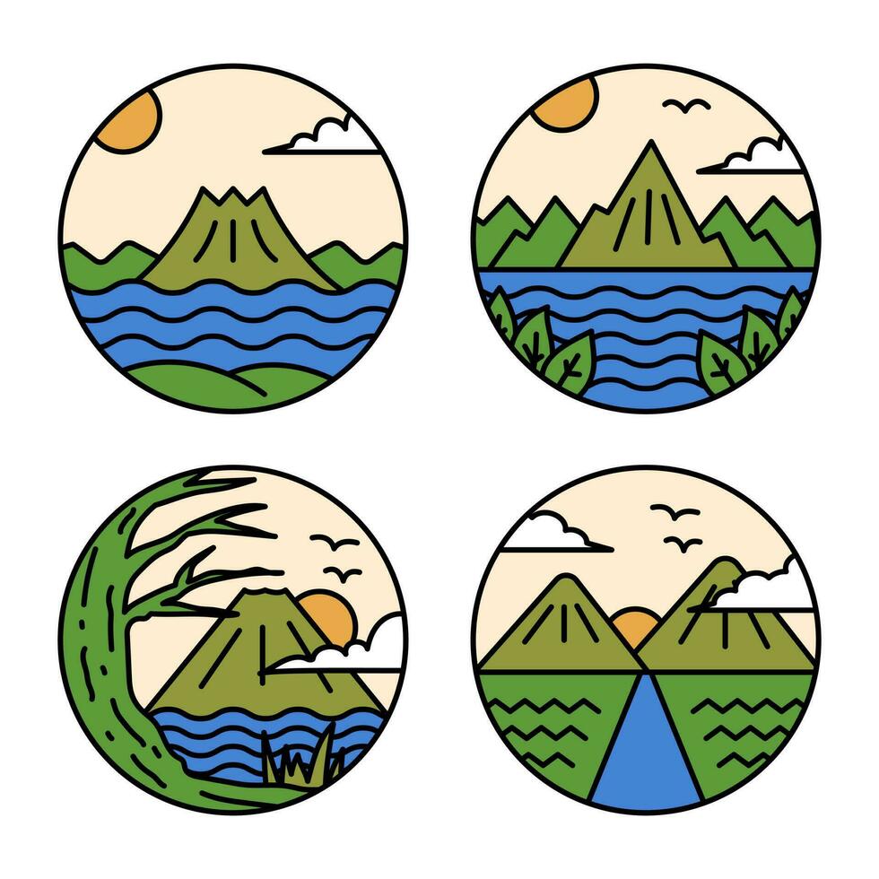 vector logo ilustración sencillo linda y moderno de naturaleza playa y montaña en el forma de un circulo