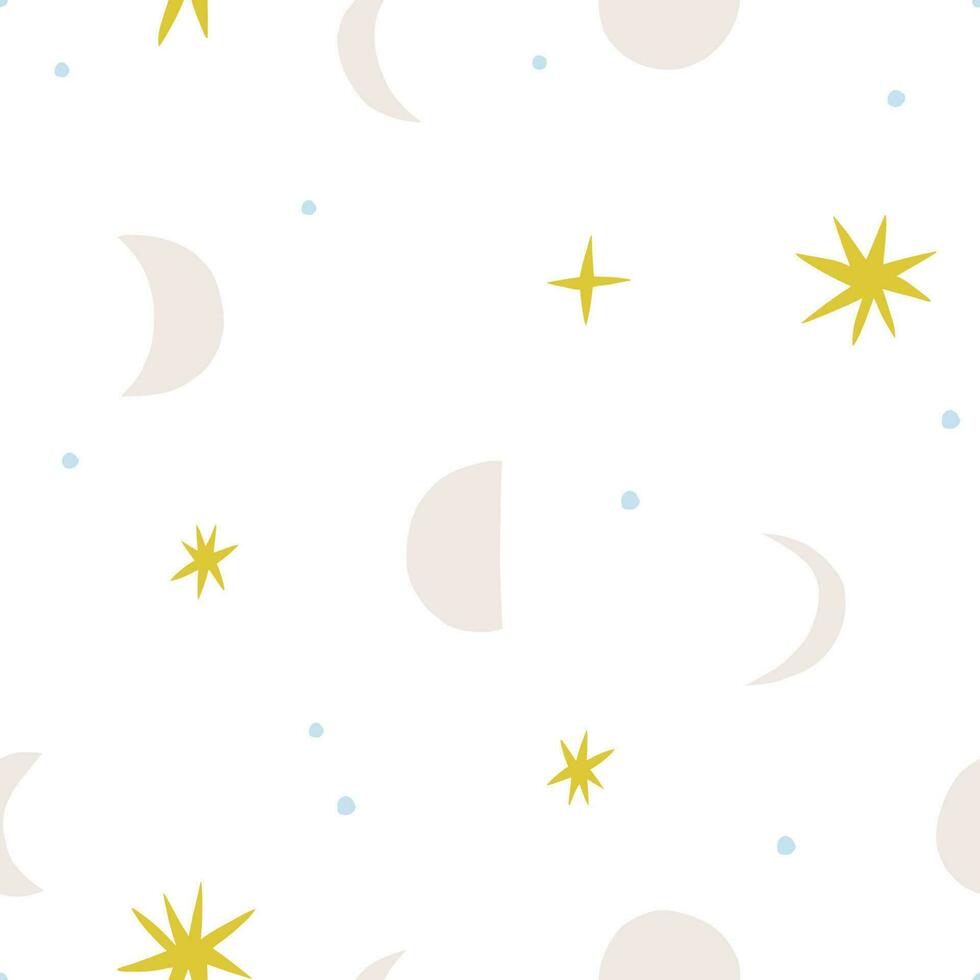 Moon and Stars seamless pattern. Vector celestial texture with different Moons and shiny Stars. Abstract Lunar background