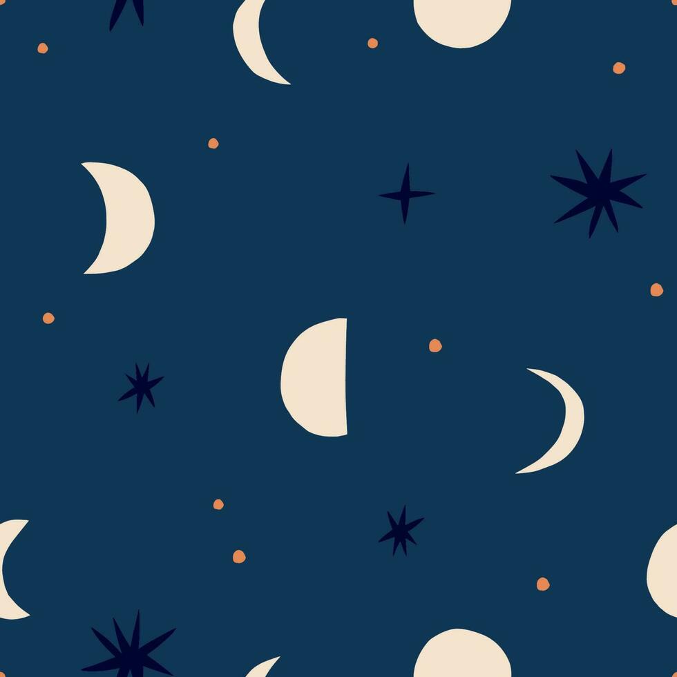 Moon and Stars seamless pattern. Vector celestial texture with different Moons and shiny Stars. Abstract Lunar background