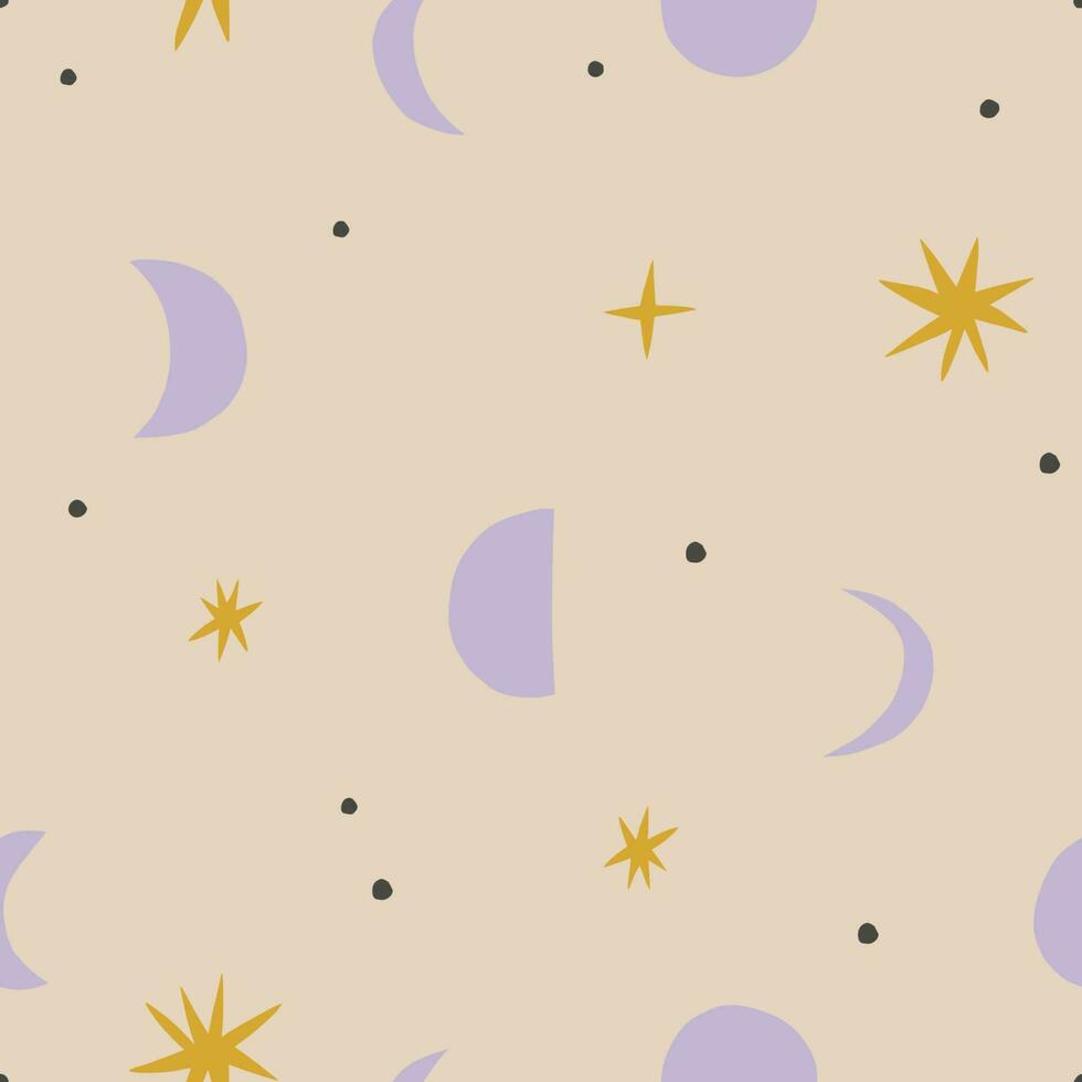 Moon and Stars seamless pattern. Vector celestial texture with different Moons and shiny Stars. Abstract Lunar background