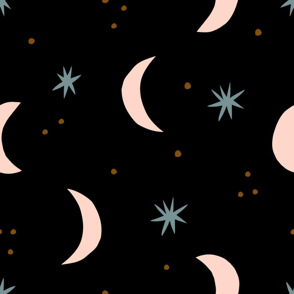 Abstract night sky seamless pattern. Hand drawn Crescent and Stars vector texture. Celestial background in retro style