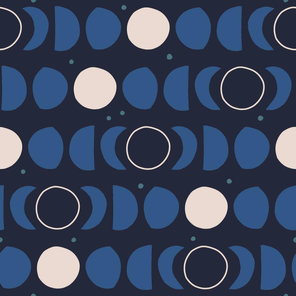 Abstract hand drawn Moon Cycle pattern. Full moon, Crescent and Stars texture. Dreamy night sky background vector