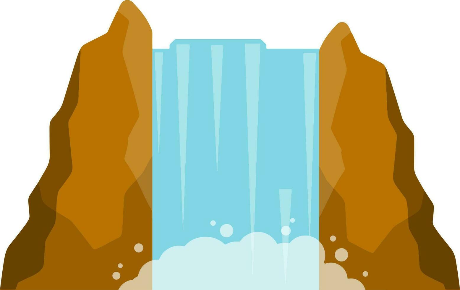 Waterfall on mountain. Rocks and water. Tropical island. Summer season, Southern landscape. Cartoon flat illustration. Pond and lake. Water falls down vector