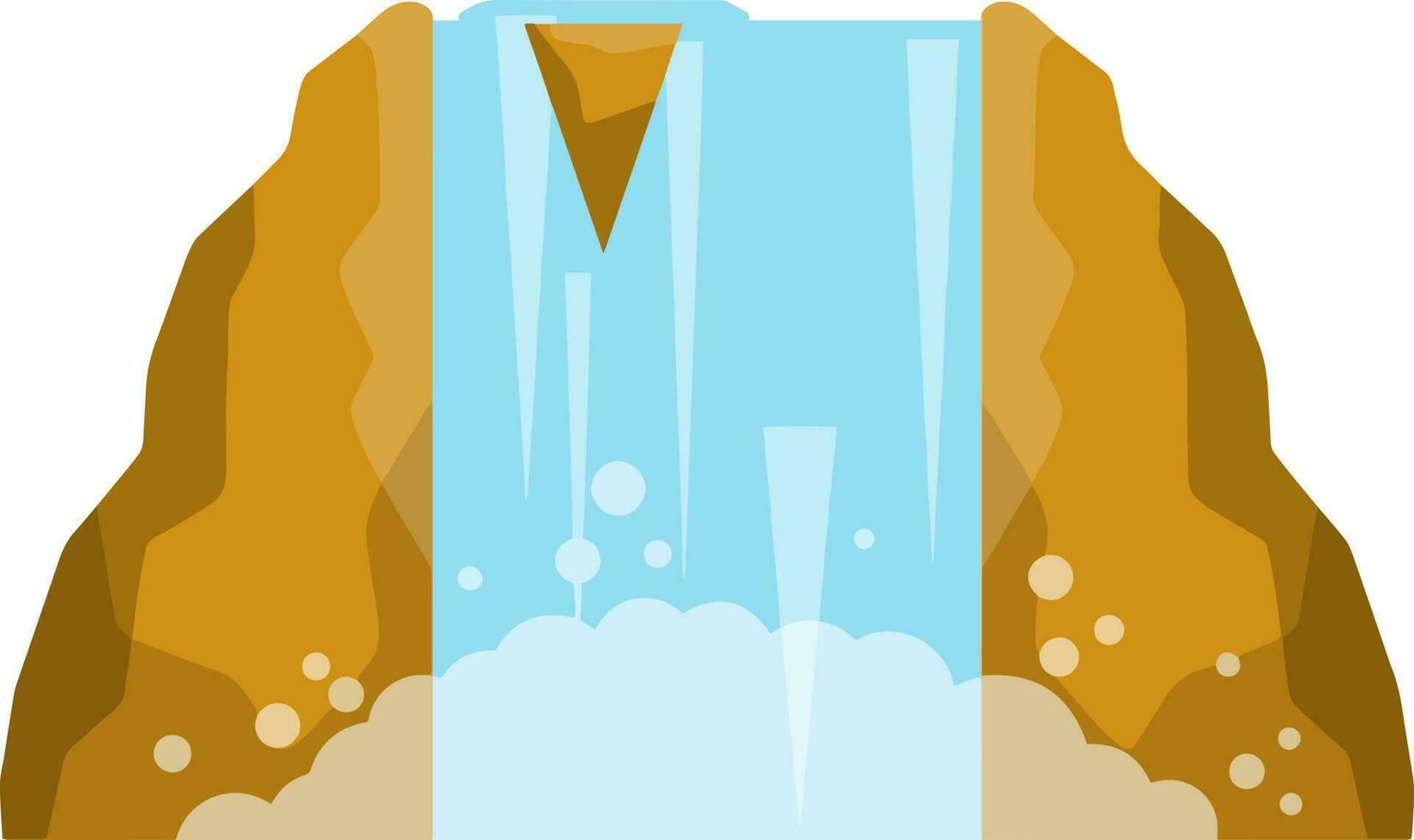 Waterfall on mountain. Rocks and water. Tropical island. Summer season, Southern landscape. Cartoon flat illustration. Pond and lake. Water falls down vector