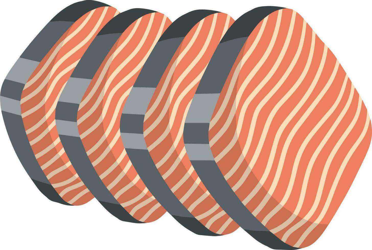 Piece of red salmon fish meat with pink stripe. Raw Seafood. Cut off part. Slices with grey skin. Kitchen and meal element. Cartoon illustration. Food for Cooking sushi vector