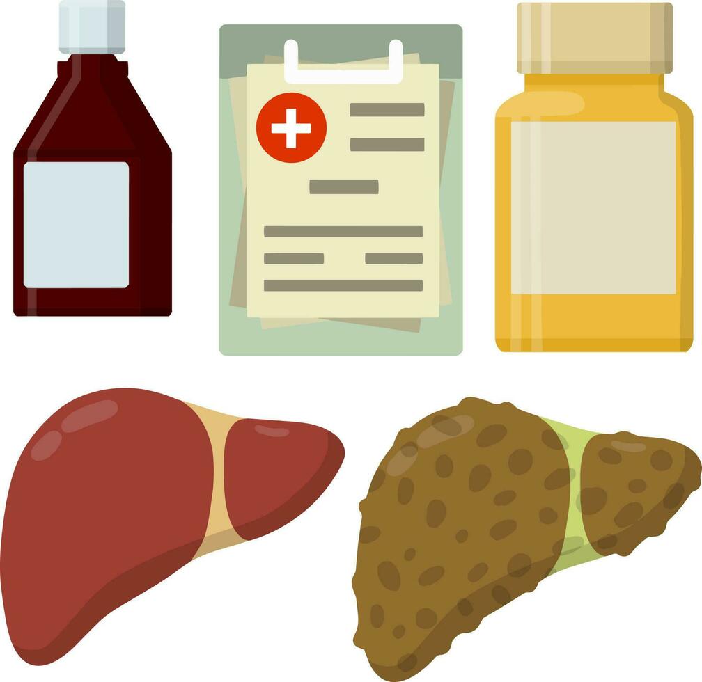 Sick and healthy liver. Cirrhosis and obesity of internal organ. Medicine and packaging with tablet. Paper file document diagnosis. hospital and health element. Cartoon flat illustration vector