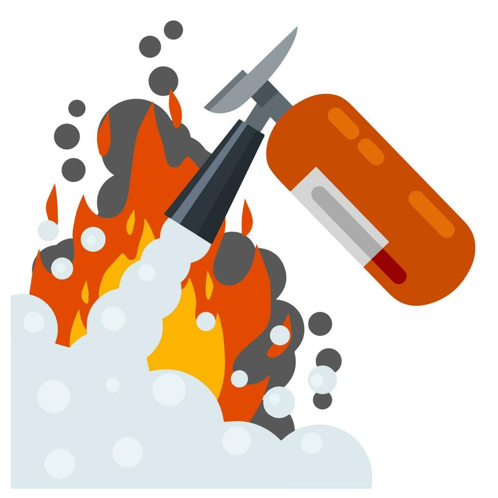 Extinguisher. Fireman tool. Red cylinder. Flat cartoon illustration. Smoke, flame and foam. Big fire vector