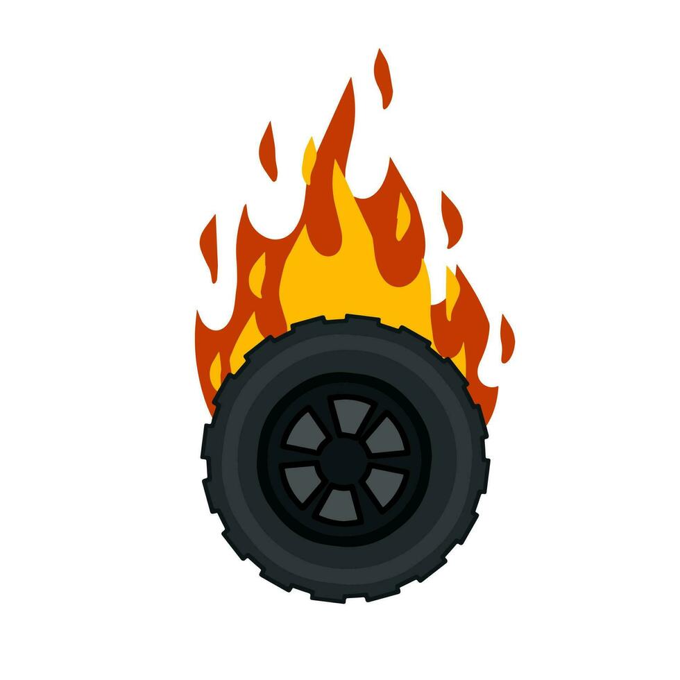 Burning wheel of car. Flames on tire. Technical problems and accident. Symbol of speed and racing. Fire on road vector