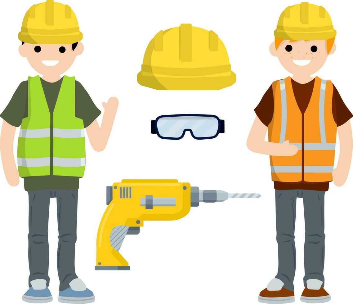 Clothing and tools of worker and Builder. Orange uniform, gloves, drill, goggles and helmet. industrial safety. Kit items and objects. Type of profession. Cartoon flat illustration vector