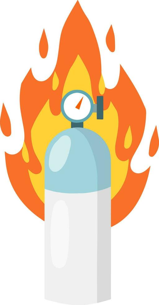 Gas and oxygen cylinder with indicator in fire. Flame and blue tank. Cartoon flat illustration. Accident and dangerous situation vector