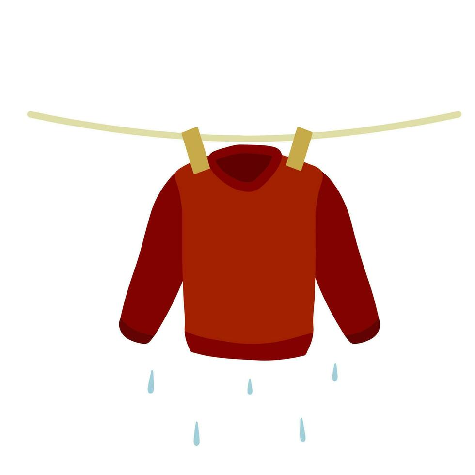 ropa seco en cuerda. lavandería y hogar limpieza. mojado chaqueta. lavandería elemento. plano dibujos animados ilustración aislado en blanco antecedentes vector