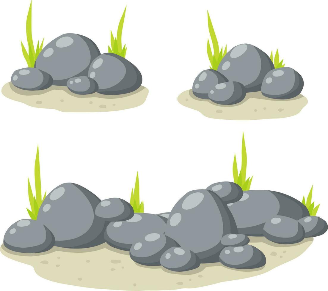 Set of stones for the background. Forest and mountain environment. Gray cobblestone with moss and grass. Granite on white background vector