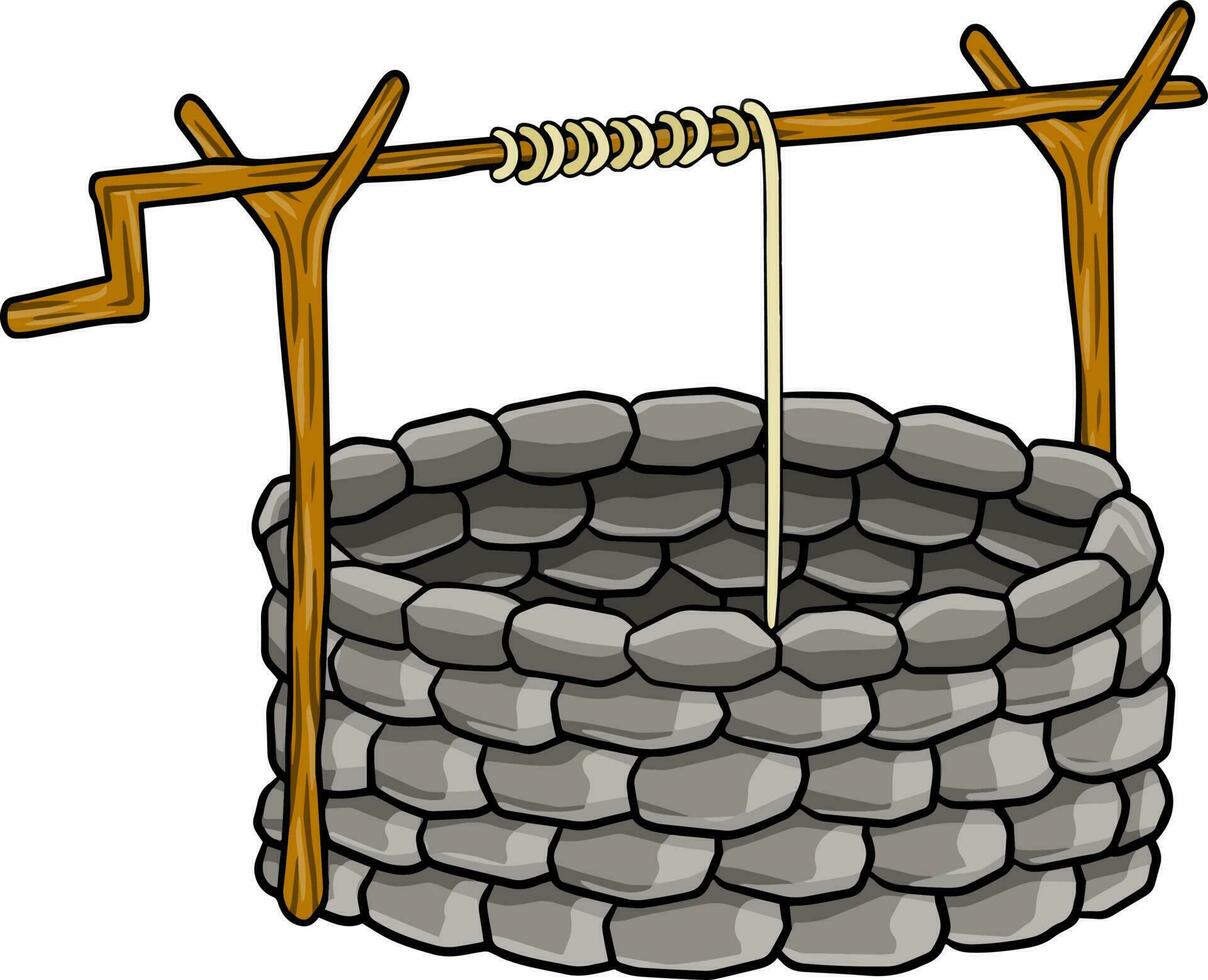 Stone rustic well with wooden element and rope. Rural buildings for water and liquid extraction. Part of the old countryside landscape. Hand drawn illustration. vector