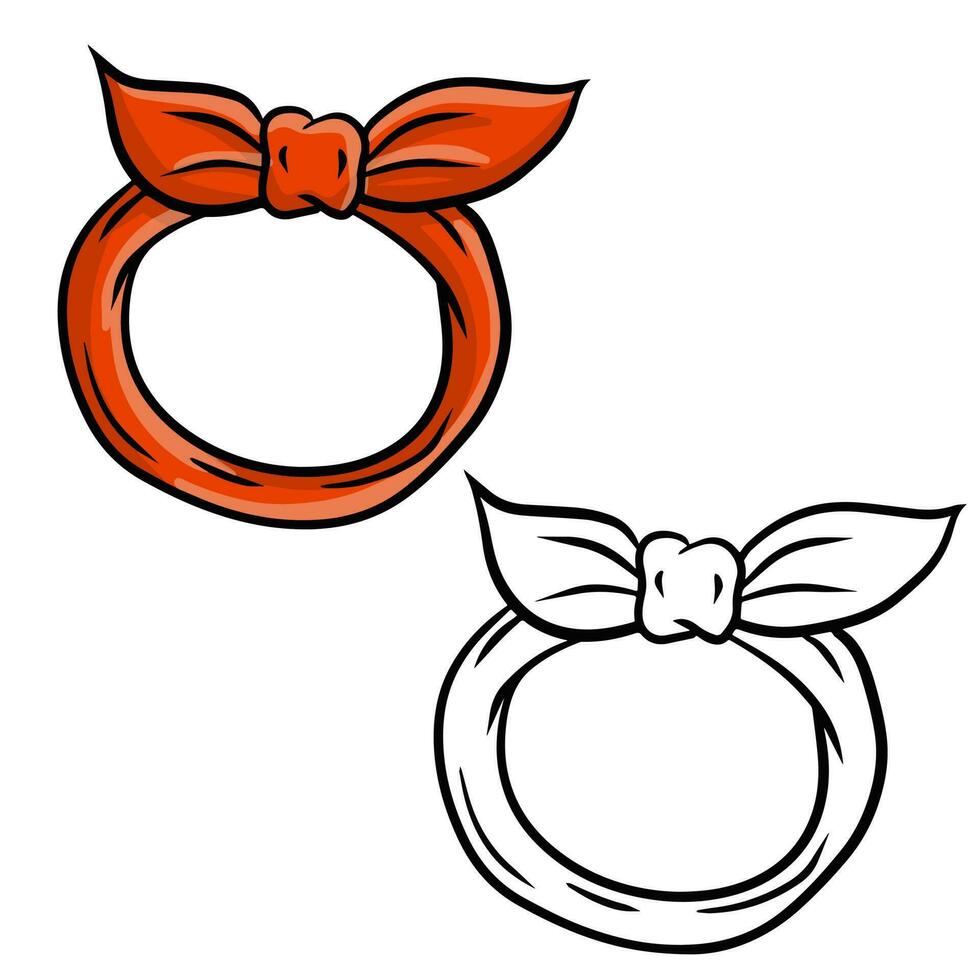 Red kerchief for head and neck. Fashionable women accessory. Red ribbon with node. Element of modern clothing. Drawn cartoon illustration vector