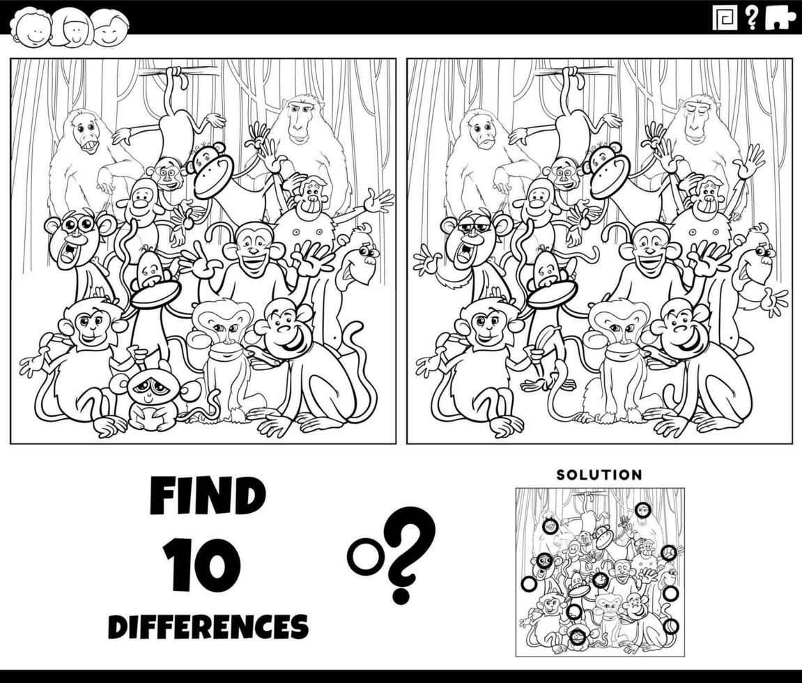 differences game with cartoon monkeys coloring page vector