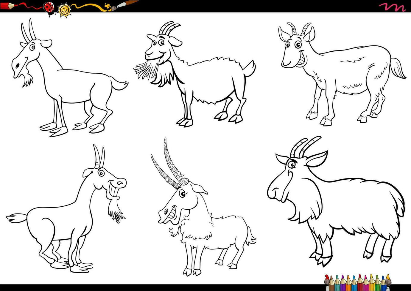 cartoon goats farm animal characters set coloring page vector