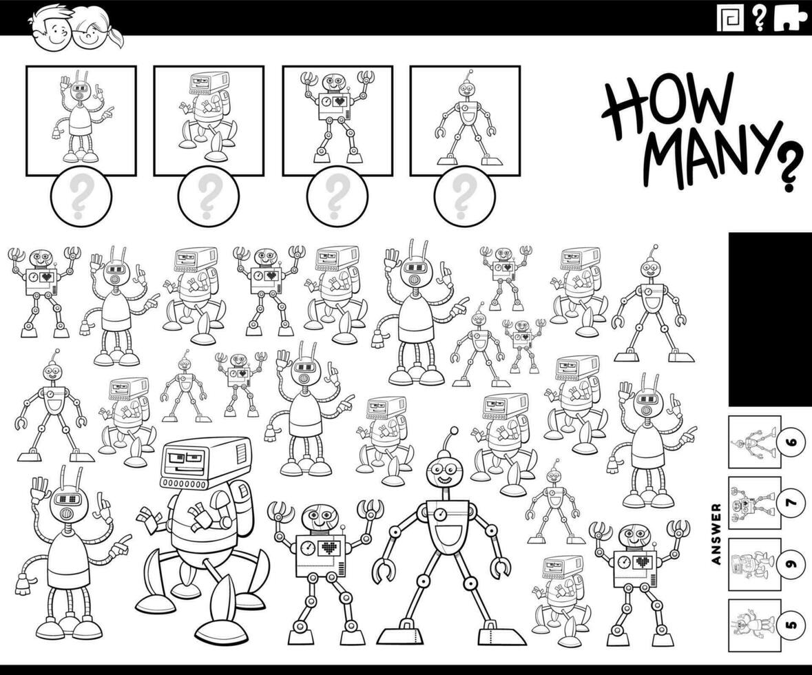 how many cartoon robots counting activity coloring page vector