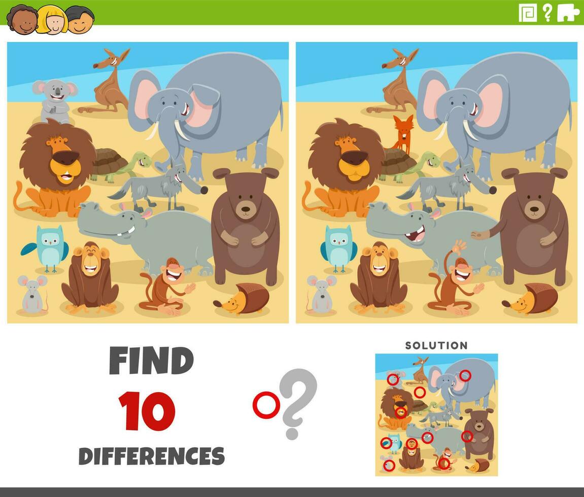 differences game with cartoon animal characters group vector