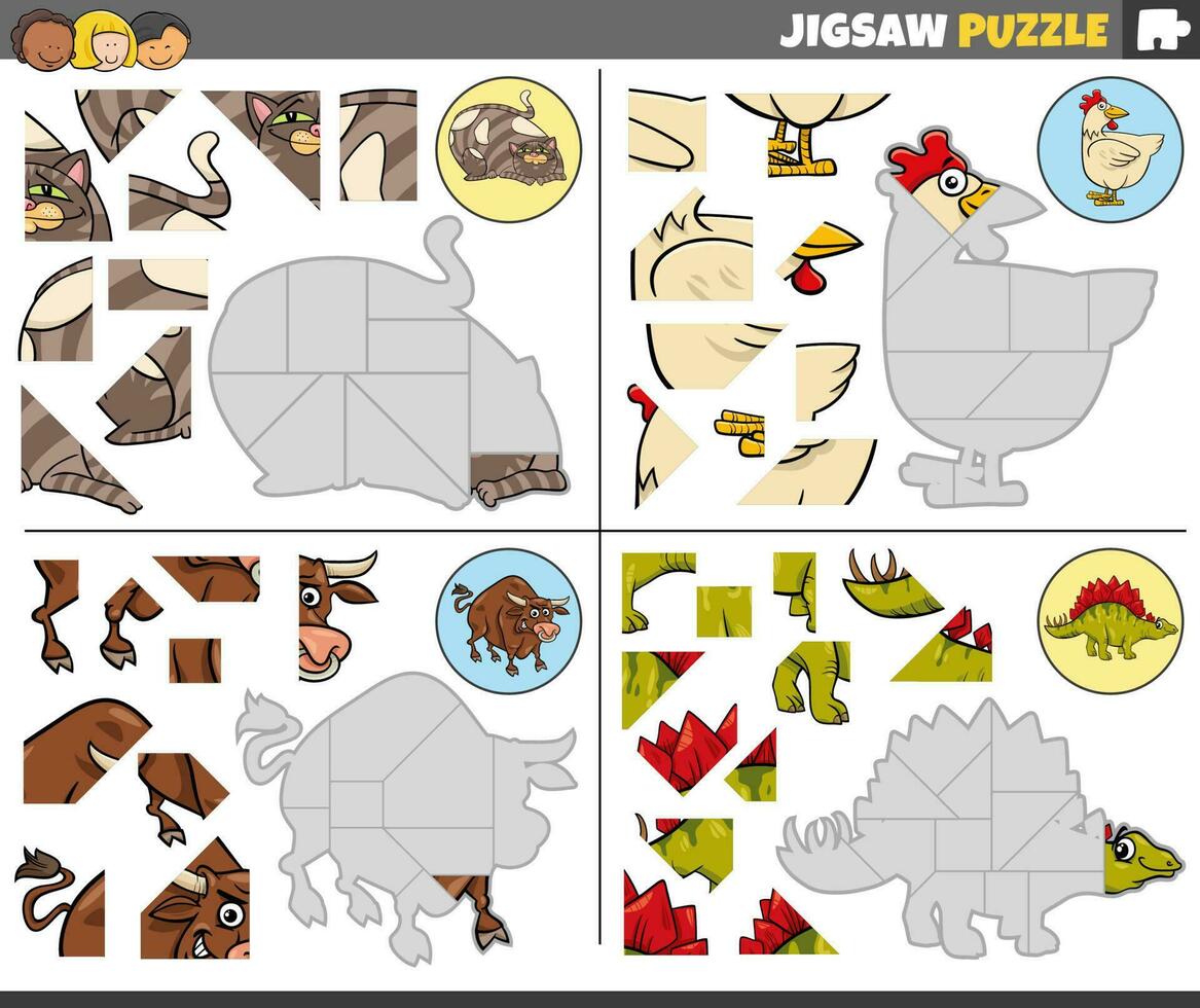 jigsaw puzzle games set with funny cartoon animals vector